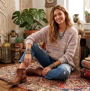 Anthropologie Oversized Mesh Stitch Sweater Neutral Crochet Open Knit Sz Medium